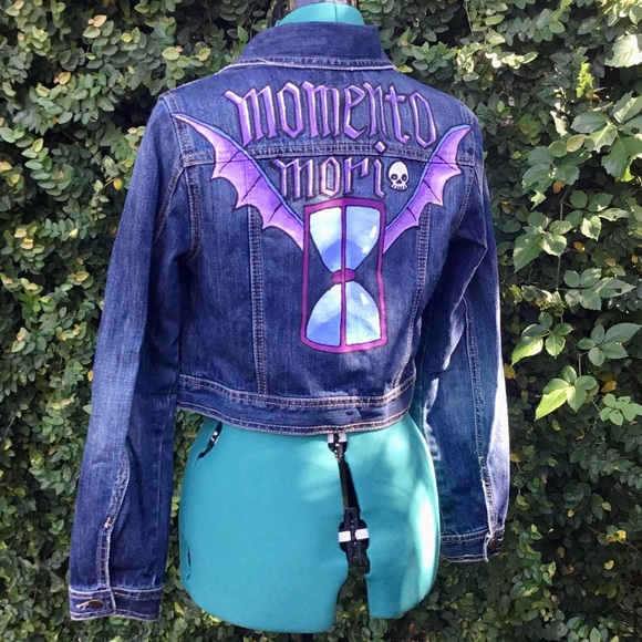 Momento Mori Winged Hourglass Hocus Pocus Cemetery Inspired Custom Jean Jacket - Picture 12 of 15